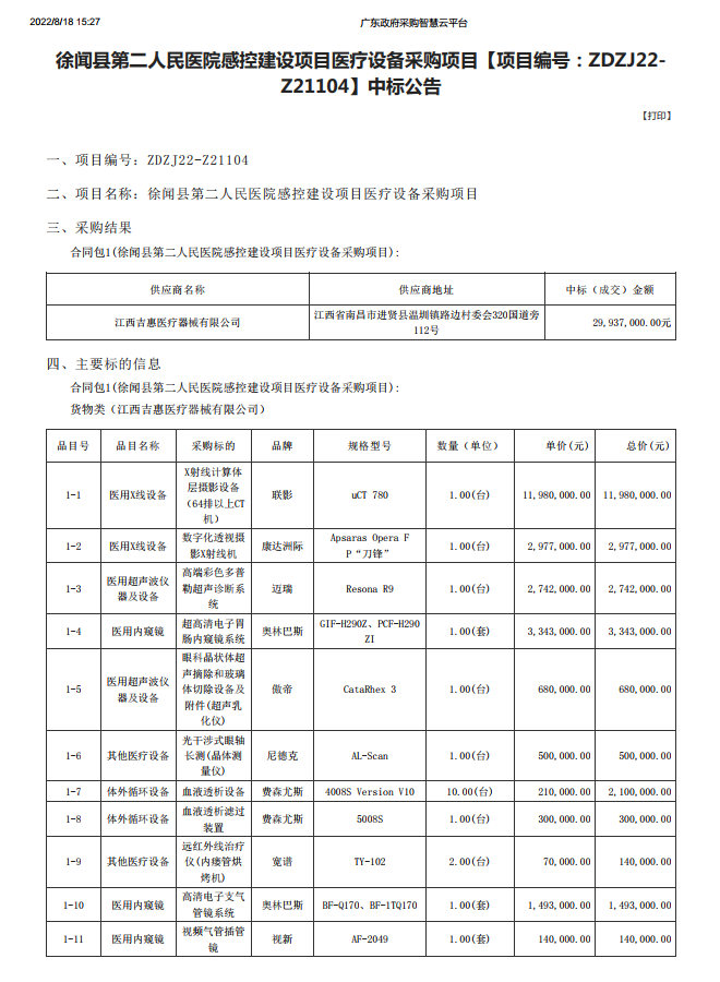 徐聞縣第二人民醫(yī)院感控建設(shè)項(xiàng)目醫(yī)療設(shè)備采購項(xiàng)目【項(xiàng)目編號：ZDZJ22- Z21104】中標(biāo)公告(圖1)